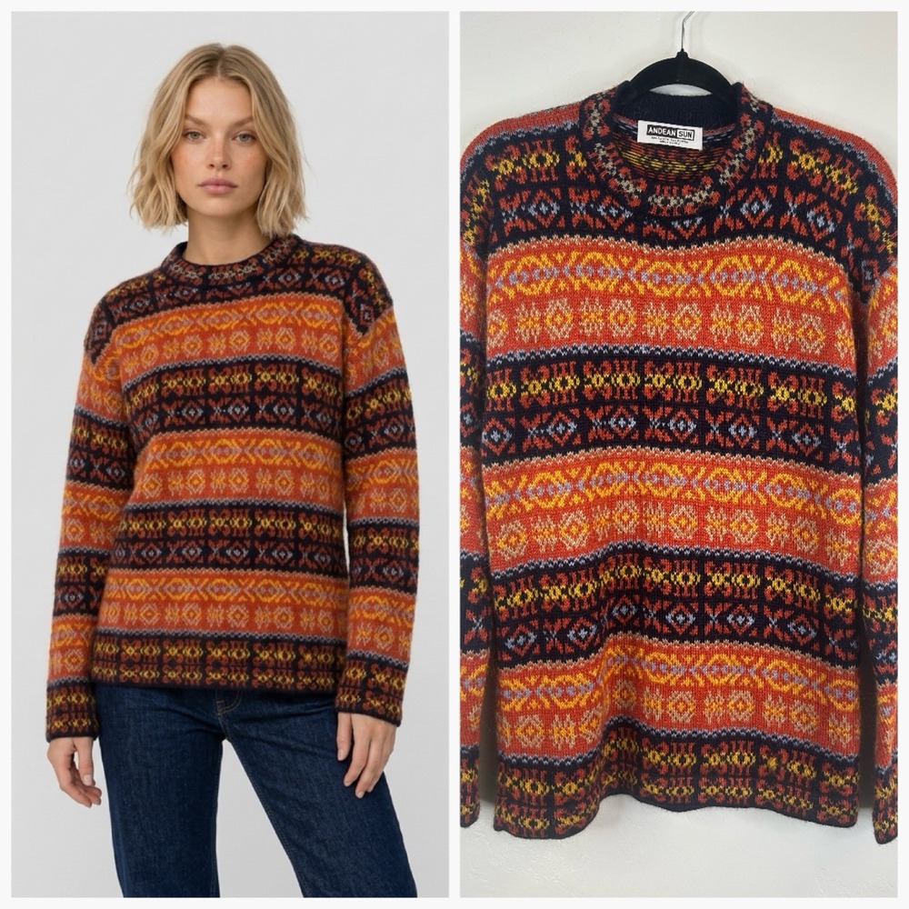 Alpaca Wool Blend Fair Isle Sweater Size M Peru Andean Sun Aztec Colorful Boho